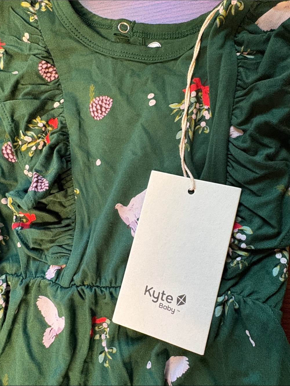 NWT Kyte BABY Forest Green Wreath & Dove Ruffle Bubble Romper